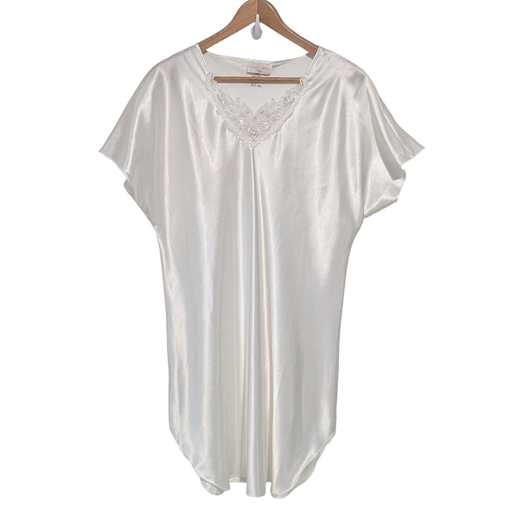 Vintage Ivory Satin Nightgown With Embroidered Pearl Beaded Neckline Bridal